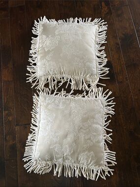 Ivory Accent Pillows with Intricate Floral pattern and Fringe• 2 included